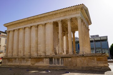 ancient Roman temple Maison Carree in Nimes in Occitanie region of southern France