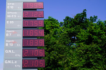 gas station prices sign displaying different oils energies sp95 super unleaded diesel gnl means Super sans plomb Gazole in french language - obrazy, fototapety, plakaty