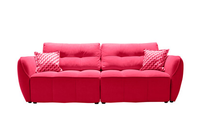 Viva magenta sofa with checkered pillows isolated. Upholstered furniture for living room. Magenta couch isolated