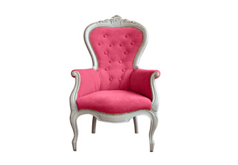 Isolated magenta armchair with white wooden elements. Vintage glamorous viva magenta armchair....