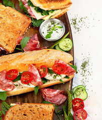 Various of club sandwiches and baguette.