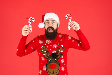 surprised bearded man in santa claus hat. brutal hipster in winter knitted xmas sweater.