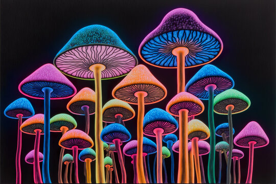 Neon Mushrooms, black light, velvet poster style.