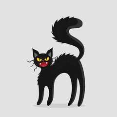 Black angry cat cartoon style. Vector illustration for Halloween.