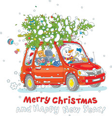 Greeting card with a funny snowman driving a small red car with a snowy Christmas tree, holiday gifts, toys and sweets, vector cartoon illustration isolated on a white background