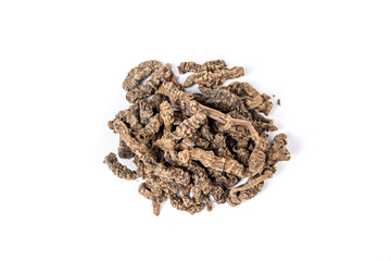 Valerian roots in a pile isolated over white top down