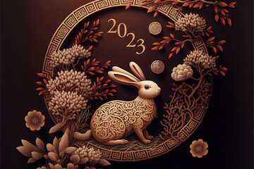 Happy chinese new year 2023 year of the rabbit. Paper cut style on color background. Generative AI