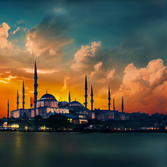 Fototapeta premium View of Istanbul city of Turkey at sunset and night bosphorus from Hagia Sophia and Sultanahmet in Istanbul city of Turkey.