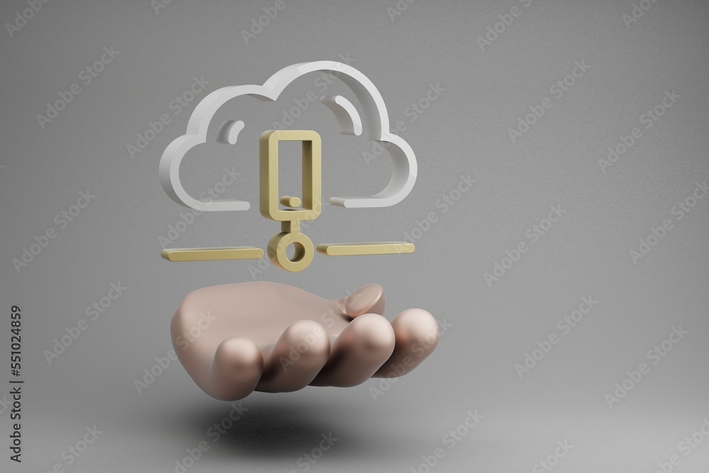 Poster beautiful abstract illustrations golden hand holding cloud data storage symbol icon on a gray backgr