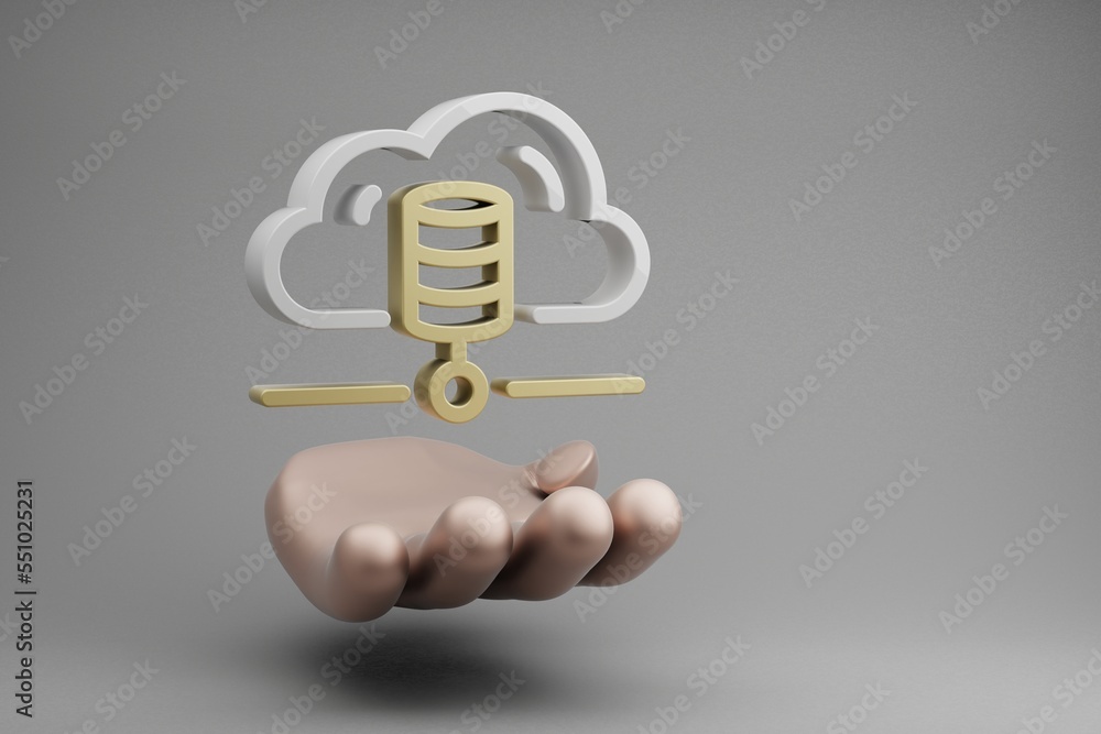 Poster beautiful abstract illustrations golden hand holding cloud database server symbol icon on a gray bac