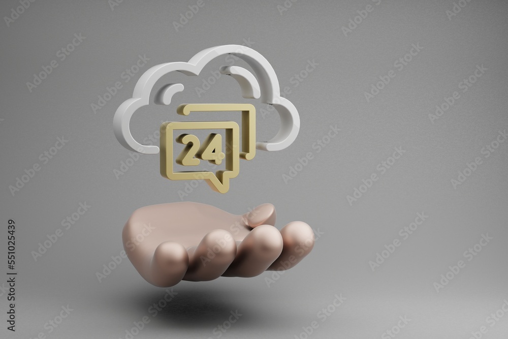 Poster Beautiful abstract illustrations Golden Hand Holding Cloud Hosting Support 24 symbol icon on a gray background. 3d rendering illustration. Background pattern for design. Web Hosting.