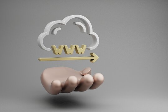 Beautiful abstract illustrations Golden Hand Holding Cloud Domain Name WWW symbol icon on a gray background. 3d rendering illustration. Background pattern for design. Web Hosting.