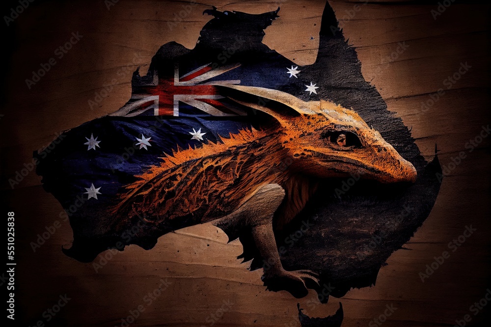 Poster 05-11-2021 riga, latvia a picture of a lizard with a flag on it's head and a map of australia behind