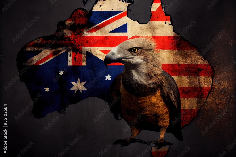Poster 05-11-2021 riga, latvia a bird with a flag of australia in the background of a map of australia and 