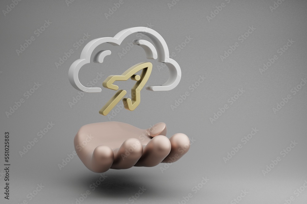 Poster Beautiful abstract illustrations Golden Hand Holding Cloud Server Speed Rocket symbol icon on a gray background. 3d rendering illustration. Background pattern for design. Web Hosting.