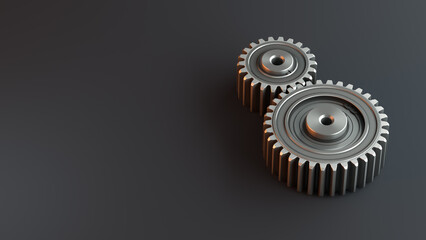 Two gears meshing together on a dark background with a copy space. 3d render - obrazy, fototapety, plakaty