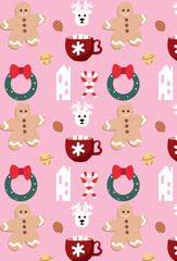 Christmas pattern with xmas decor elements with cacao, deer, gingerbread and marshmallows on pink background.Xmas pattern with balls illustration for wrapping paper