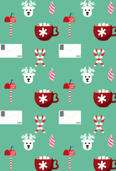 Christmas pattern with xmas decor elements with cacao, deer, envelope and caramel cones on green background.Xmas pattern with balls illustration for wrapping paper