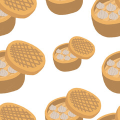 Seamless pattern Asian cuisine dumplings in a bamboo double boiler