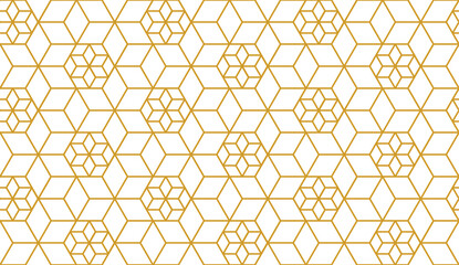 Tessellated repeating 3d large and small cube pattern in gold color outline, contemporary geometric illustration. PNG transparent background.