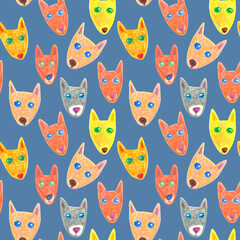 Seamless pattern of multicolored faces of fox drawn with wax crayons on a Steel Blue background. For fabric, sketchbook, wallpaper, wrapping paper.