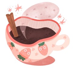 cute pink mug with strawberries on a white background. You can use it as a postcard, sticker or illustration for clothes, books, magazines.	