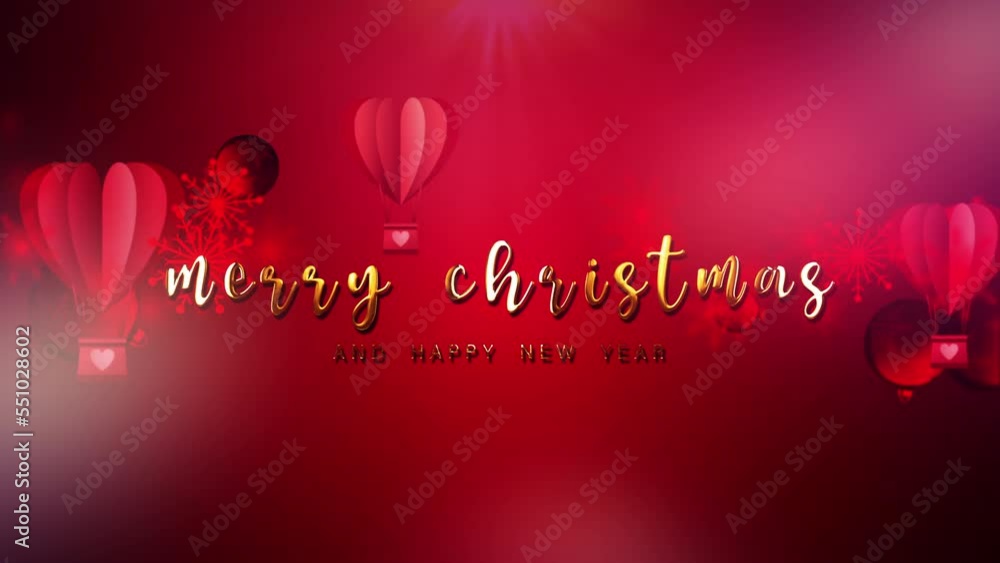 Poster 3d animation gold glittering text of merry christmas and happy new year on red background with chris