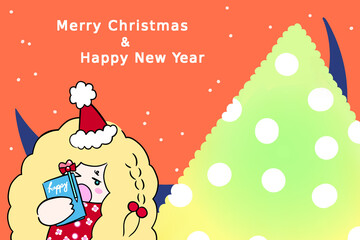 Merry Christmas and Happy New Year illustration Santa girl Christmas tree