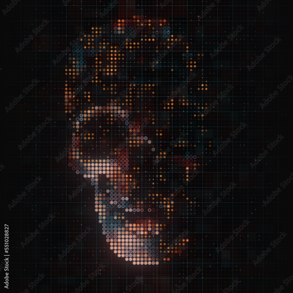 Fototapete Virtual holographic image of the skull from the pattern of colorful, glowing points. 3d rendering digital illustration