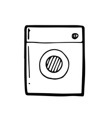 Automatic washing machine. Outline hand drawn sketch. Drawing with ink. Isolated on white background. Vector.