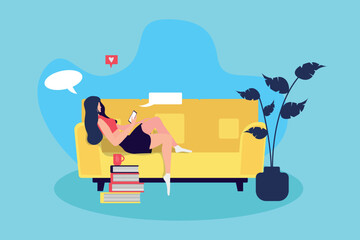 The girl sits on the couch and works at home as a blogger on a smartphone. Freelance work vector illustration.Remote work.