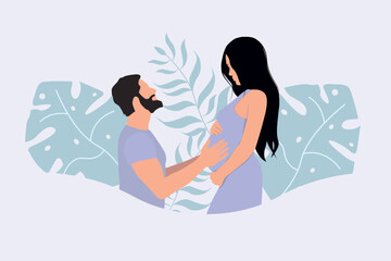 Young pregnant woman with her husband. Conceptual illustration of motherhood and fatherhood. flat style