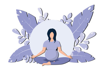 Young pregnant woman doing prenatal yoga.Stretching for pregnant women. Pregnancy health concept. Trendy flat style vector illustration