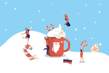 Merry Christmas, winter scene with a big mug of cocoa. Young beautiful people have fun and celebrate new year and christmas. Little people on vacation.