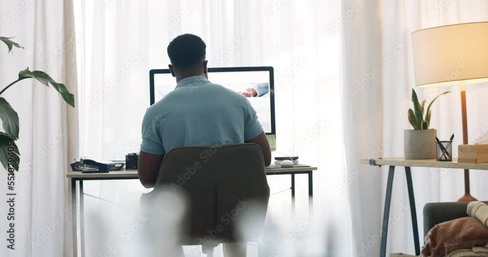 Poster business, designer and computer with freelance design expert typing while working at home. ux, remot