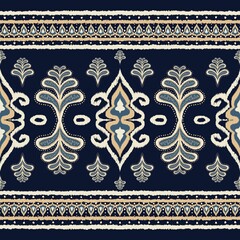Ethnic border ikat pattern. Illustration ikat yellow-blue traditional indian Mughal, kaftan border seamless pattern. Ethnic oriental pattern for fabric, home decoration elements, upholstery, wrapping.