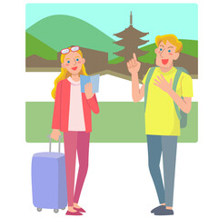 ガイドブックを手に日本の古都を旅する外国人観光客の男女