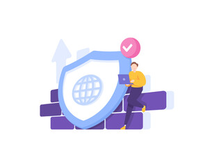firewall, internet network security system, privacy and data protection. a man uses a laptop and gets protection from a shield. safe browsing and sites. illustration concept design. graphic elements