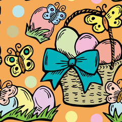 Easter seamless vector pattern with flowers, eggs, basket, spring decorative elements. Hand drawn illustration for textile print, fabric design, party decoration, scrapbooking, wallpaper and wrapping.