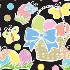 Easter seamless vector pattern with flowers, eggs, basket, spring decorative elements. Hand drawn illustration for textile print, fabric design, party decoration, scrapbooking, wallpaper and wrapping.