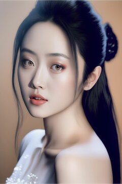 Vertical AI-generated portrait of an Asian female with black hair and hazel colored eyes