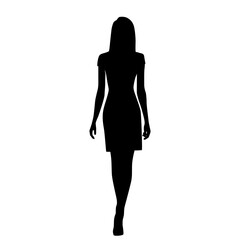 Vector silhouette of a young attractive slender woman in a summer dress, standing, black color, isolated on a white background