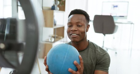 Fitness, live streaming and blog with black man in living room for personal trainer, training and workout tutorial. Social media, coaching and video camera with influencer recording for subscription