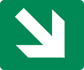 Bottom right arrow direction signs. Green exit emergency icon.