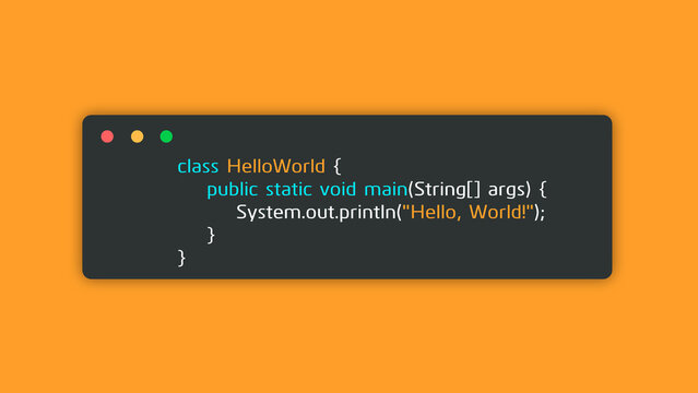 hello world in java programming language. coding illustration of java.