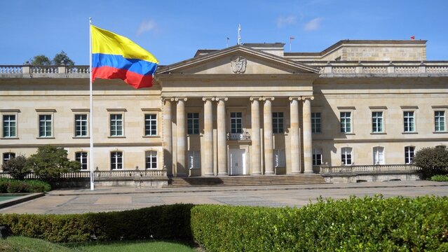 South America, Colombia Bogota 2022 - Bolivar square in downtown of the city - flag in the seat of the Colombian parliament politic and the residence of the president of the republic in Plaza de Núñez