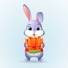 Cute Rabbit holding a bunch of carrots. Cartoon vector icon illustration. Vector illustration