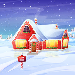 Christmas card with Santa's workshop against winter forest background. New Year design postcard.