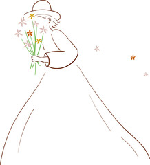 Outline sketch of a girl with bouquet. Fashion design for Women's day.