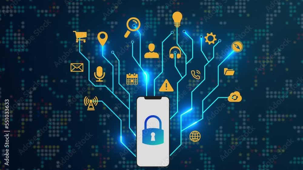 Poster animation of network of connections and smartphone with lock on dark background. cyber security and 